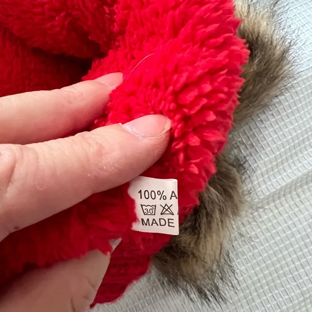 Chic Red Knit Hat with Faux Fur Pom Poms